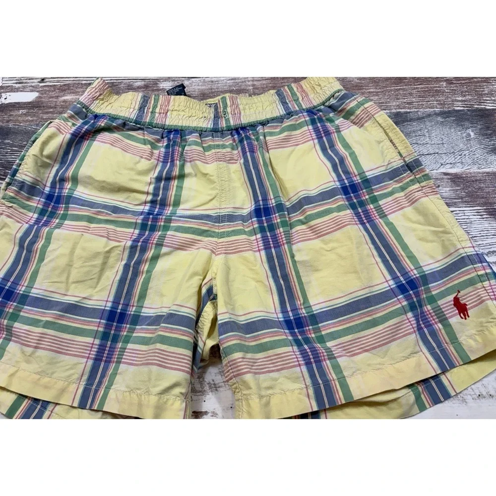 Vintage Polo Ralph Lauren Swim Shorts Lined Yellow Plaid Size Medium